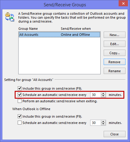 Send/Receive Groups - Schedule an automatic send/receive every 30 minutes.